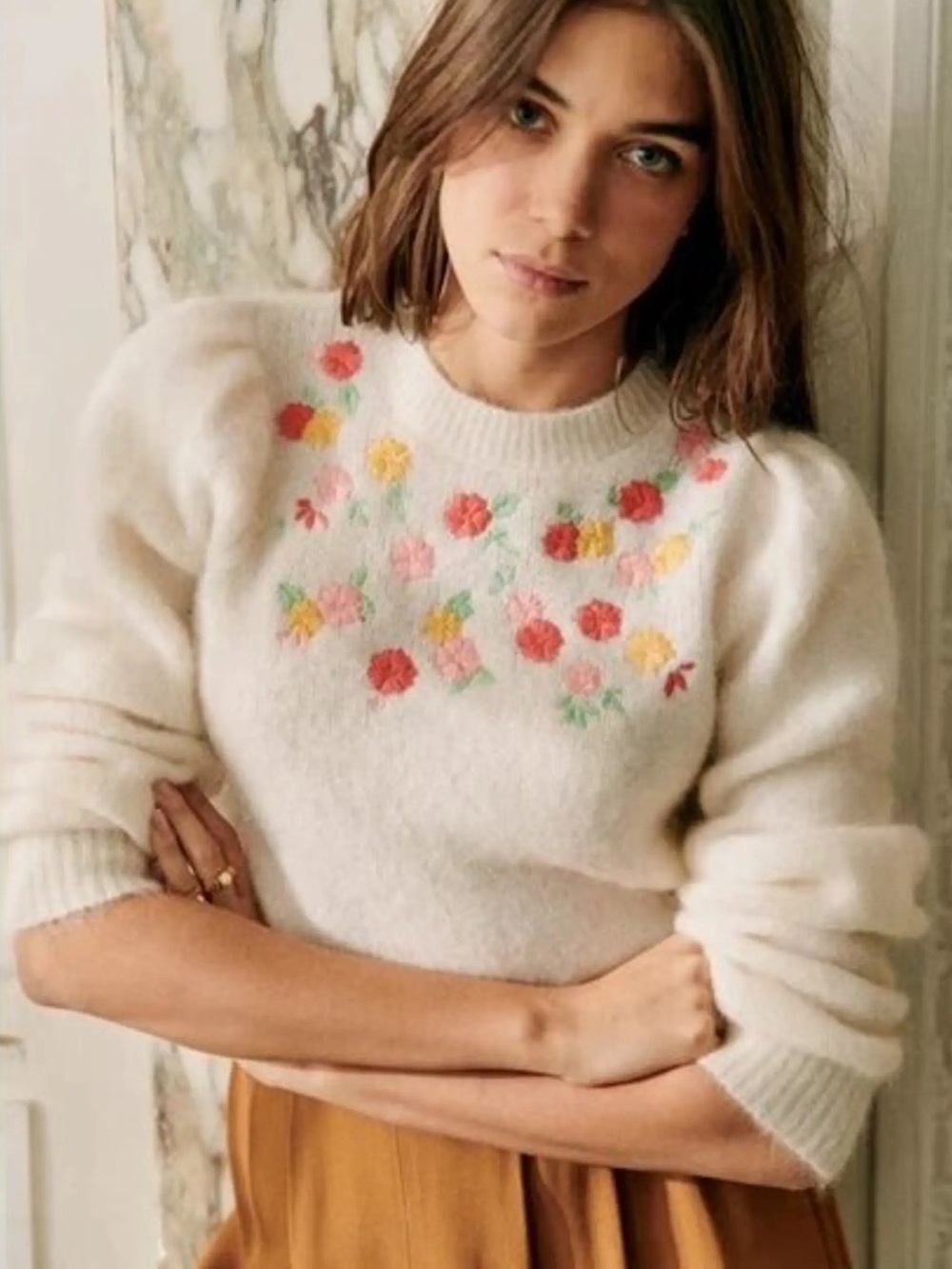 SEZANE Ecru Cream Pink Yellow Floral Embroidered Wool Knit Ombline Sweater XS/S